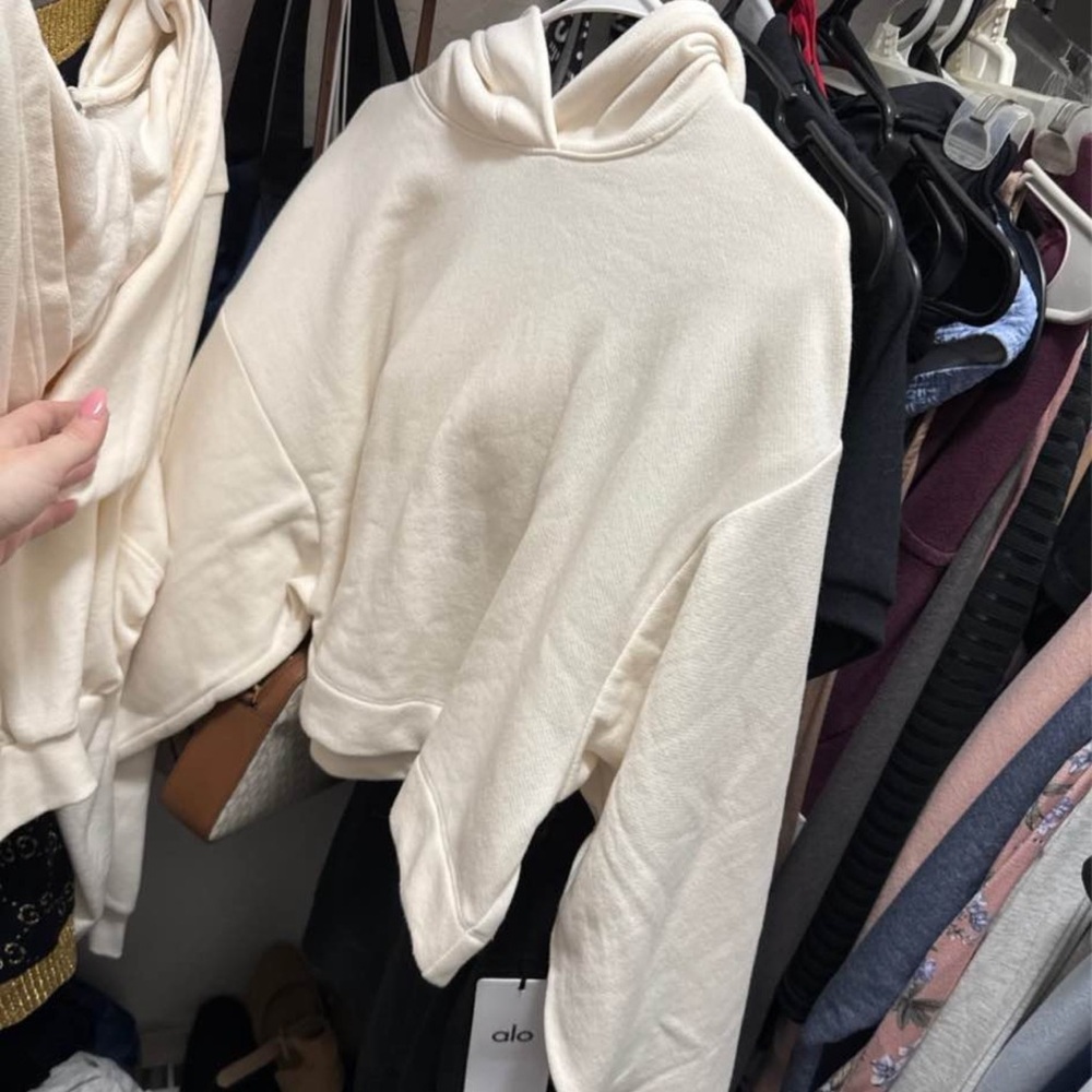 ALO Yoga Cream Scoop-Neck Hooded Sweatshirt